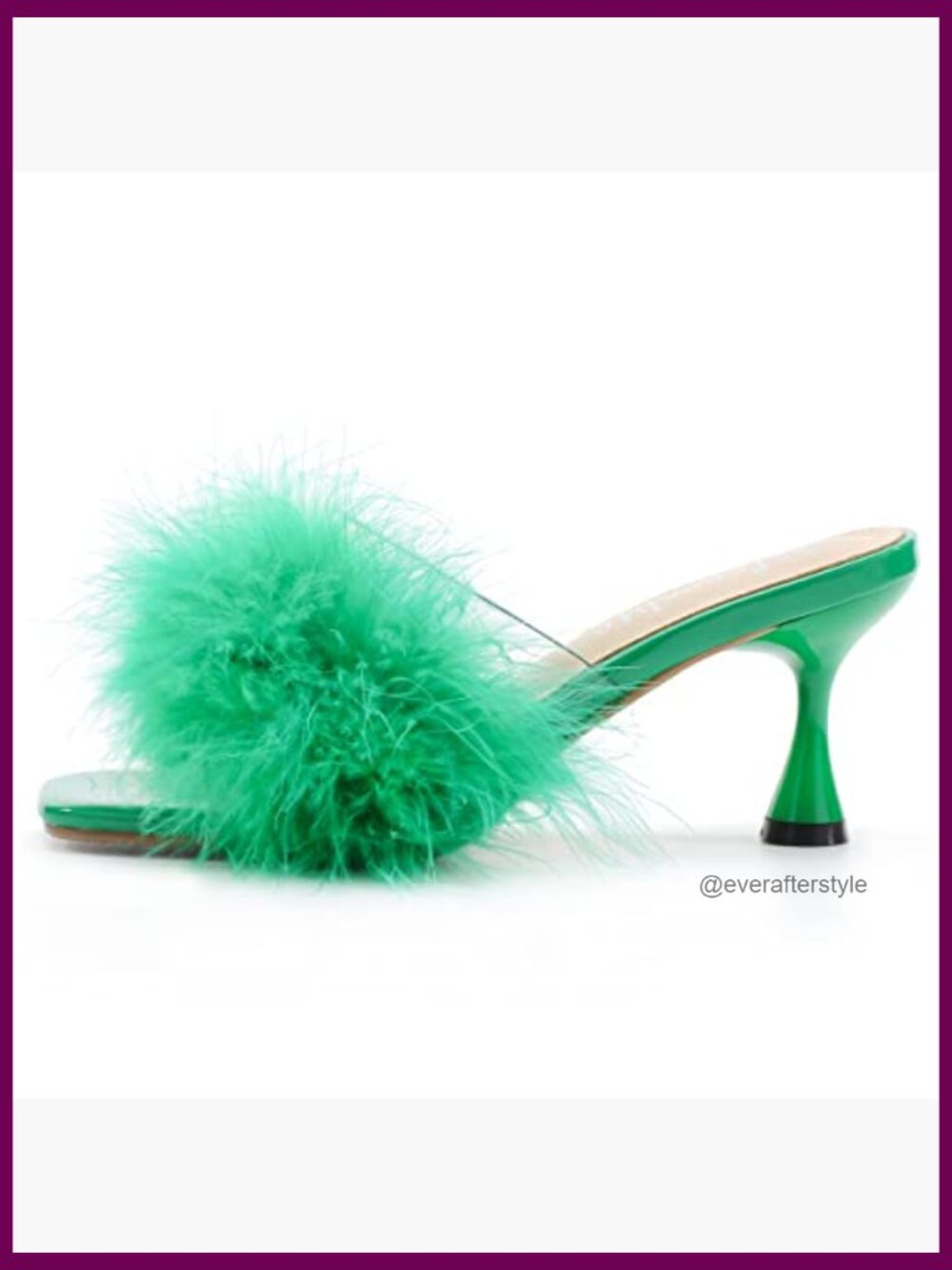 Kitten Heel Mule Sandals, Square Open Toe, Slip On, Fluffy Fur Clear Strap - Picture 6 of 7